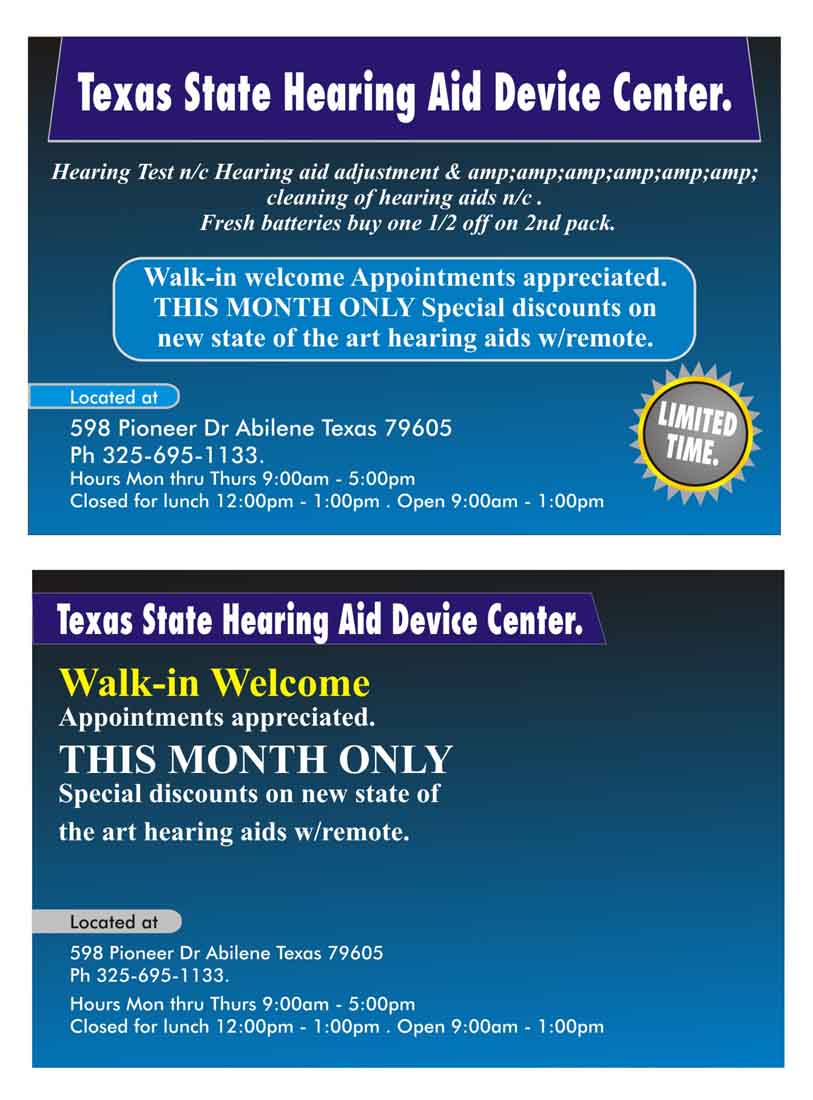 Postcard Design by yadavsushil for Texas State Hearing Aid Device Center | Design #7999581