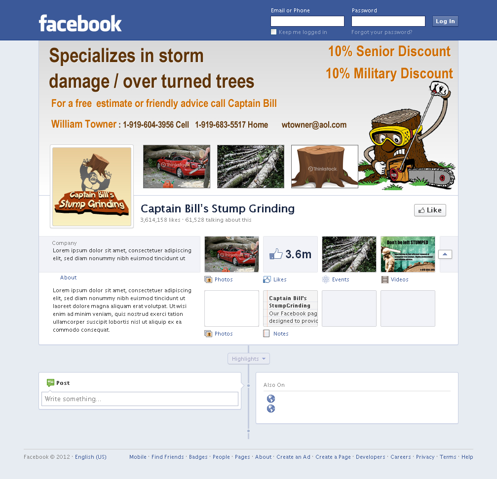 Diseño de Facebook por Sbss para CaptBill's Stump Grinding | Diseño #2020485