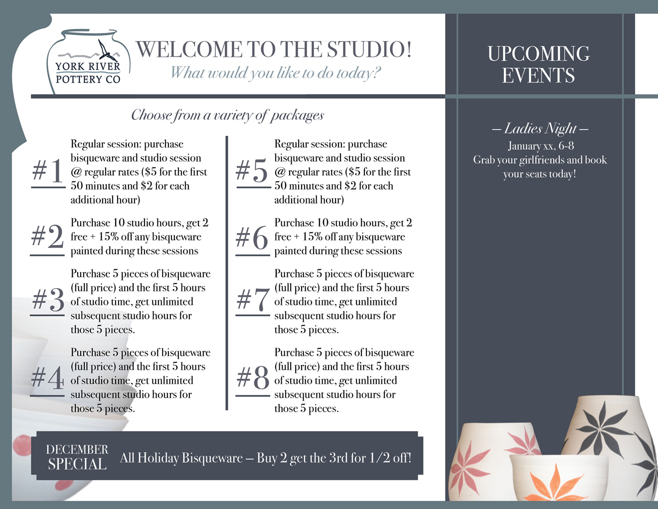 Menu Design by Marcy M for York River Pottery Company | Design #8475288