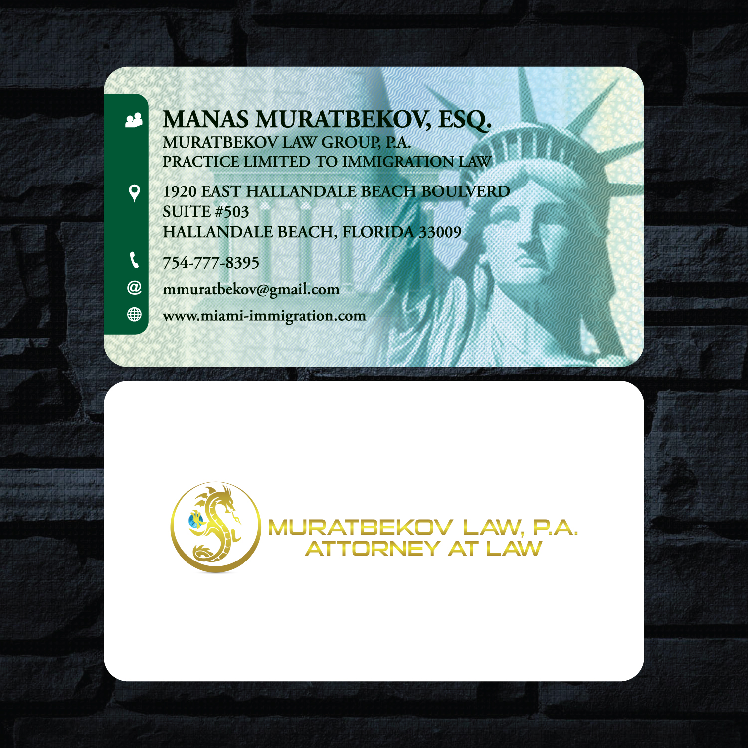 Business Card Design by GMWIRE for MURATBEKOV LAW GROUP, P.A. | Design #9853943