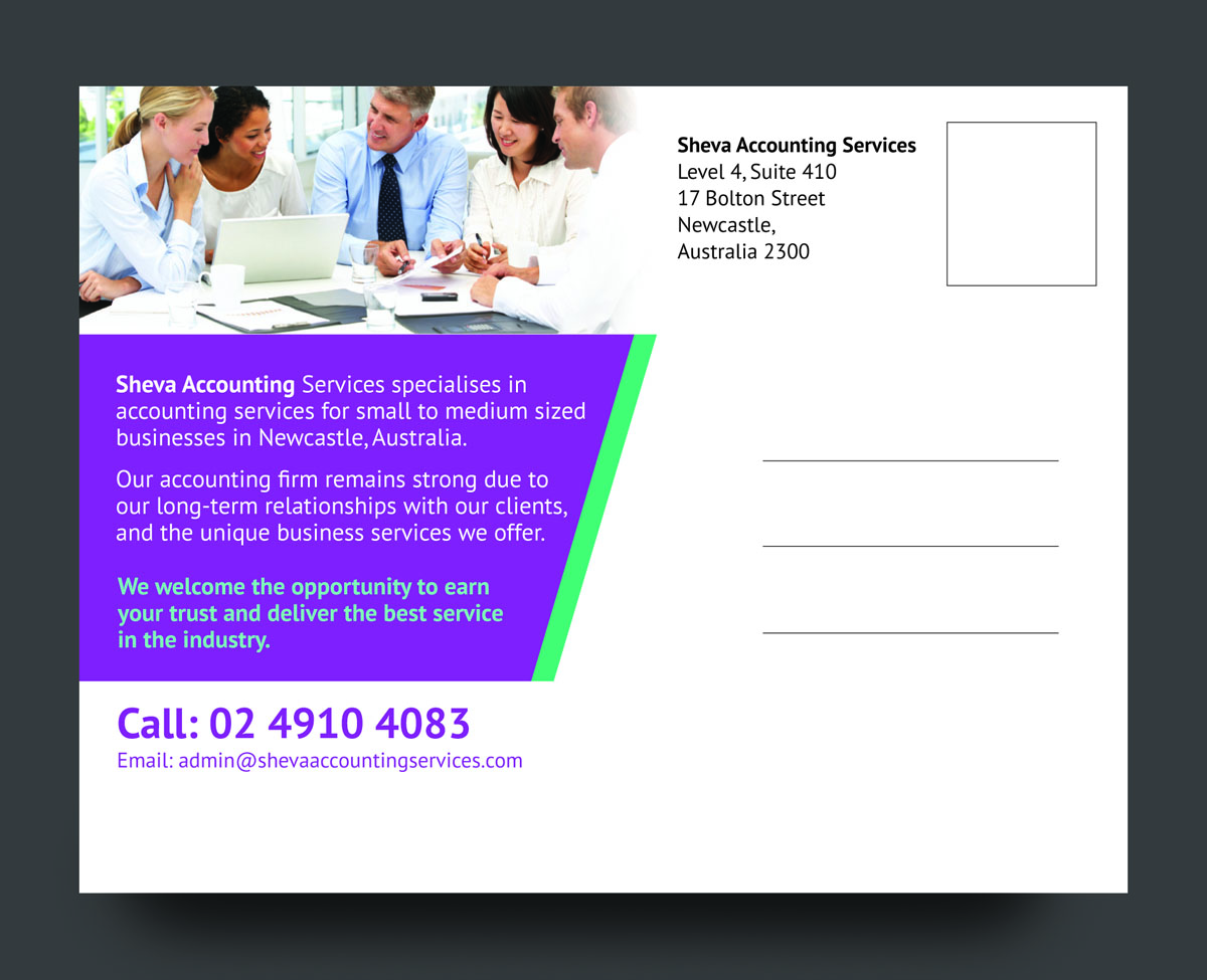 Postcard Design by rkailas for Sheva Accounting Services | Design #9278531