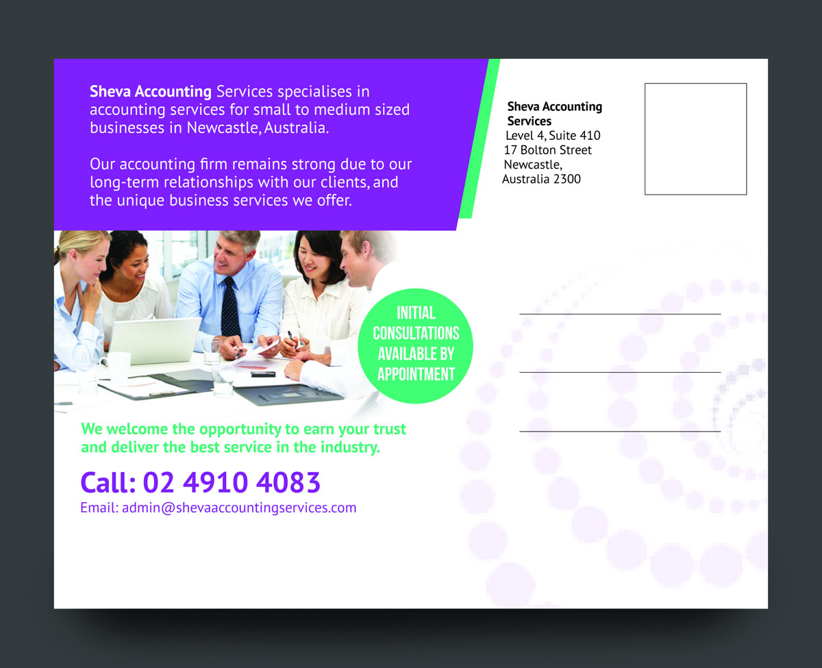 Postcard Design by rkailas for Sheva Accounting Services | Design #9278534