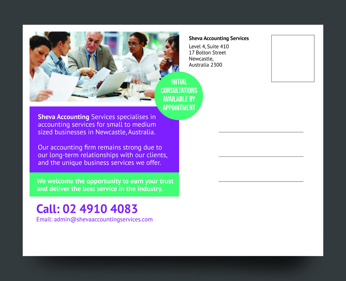 Postcard Design by rkailas for Sheva Accounting Services | Design #9278535