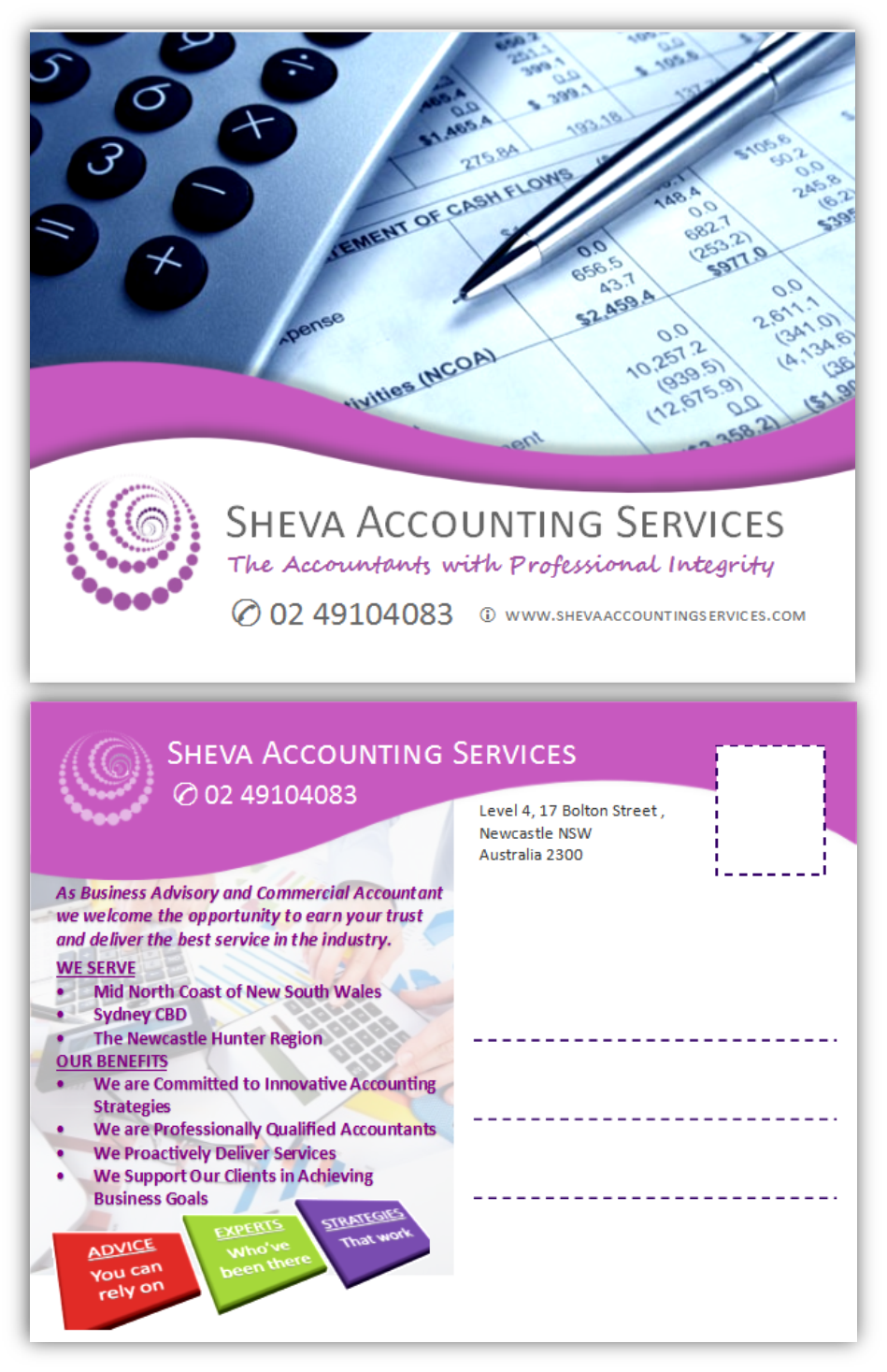 Postcard Design by citygirl17 for Sheva Accounting Services | Design #9247789
