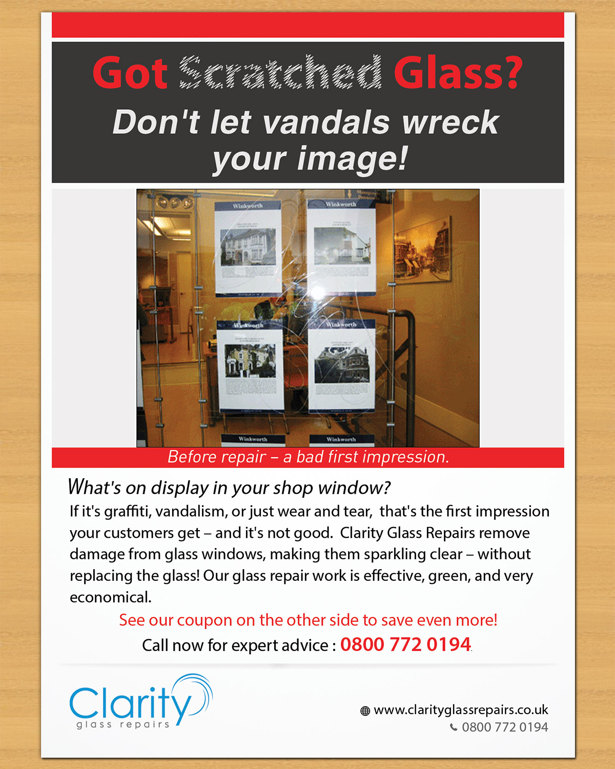 Flyer Design by Aether Designs for Clarity Glass Repairs | Design #9251610