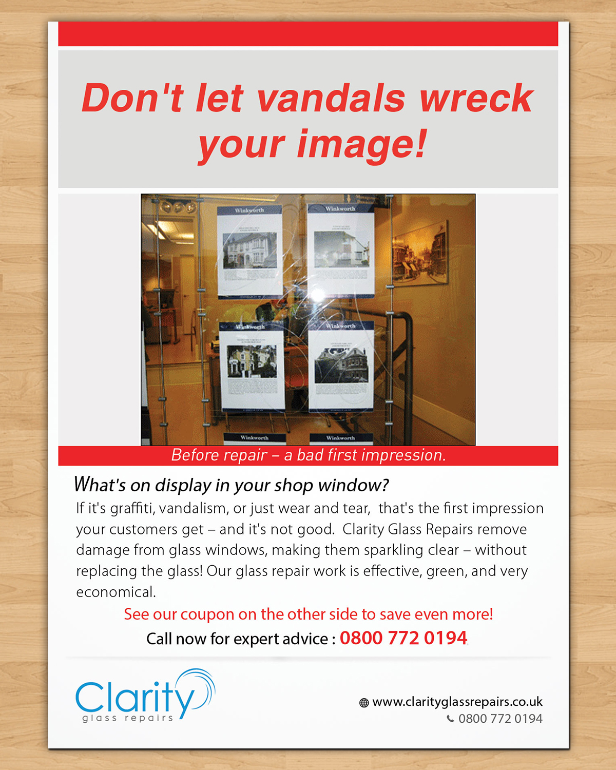 Flyer Design by Aether Designs for Clarity Glass Repairs | Design #9253403