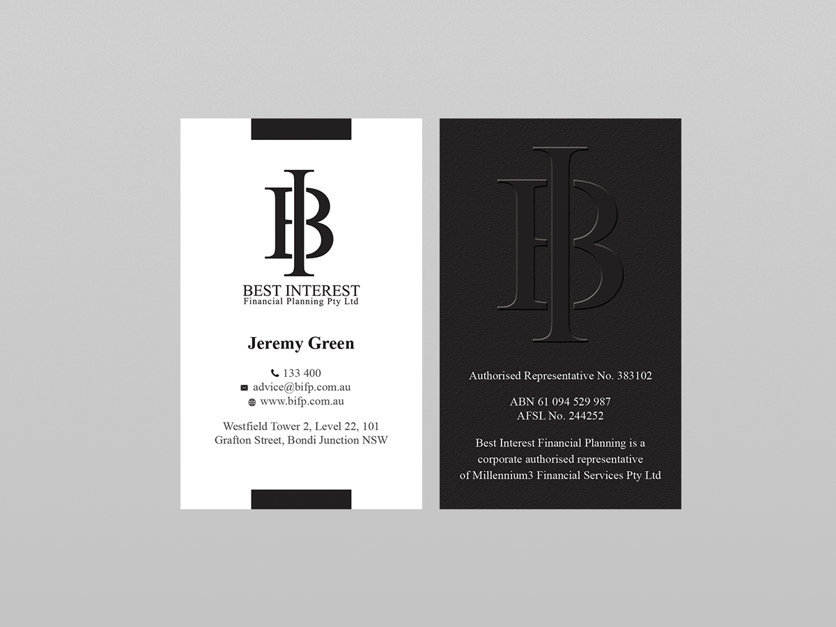 Diseño de Tarjeta de Presentación por Creations Box 2015 para Best Interest Financial Planning Pty Ltd | Diseño #9512419