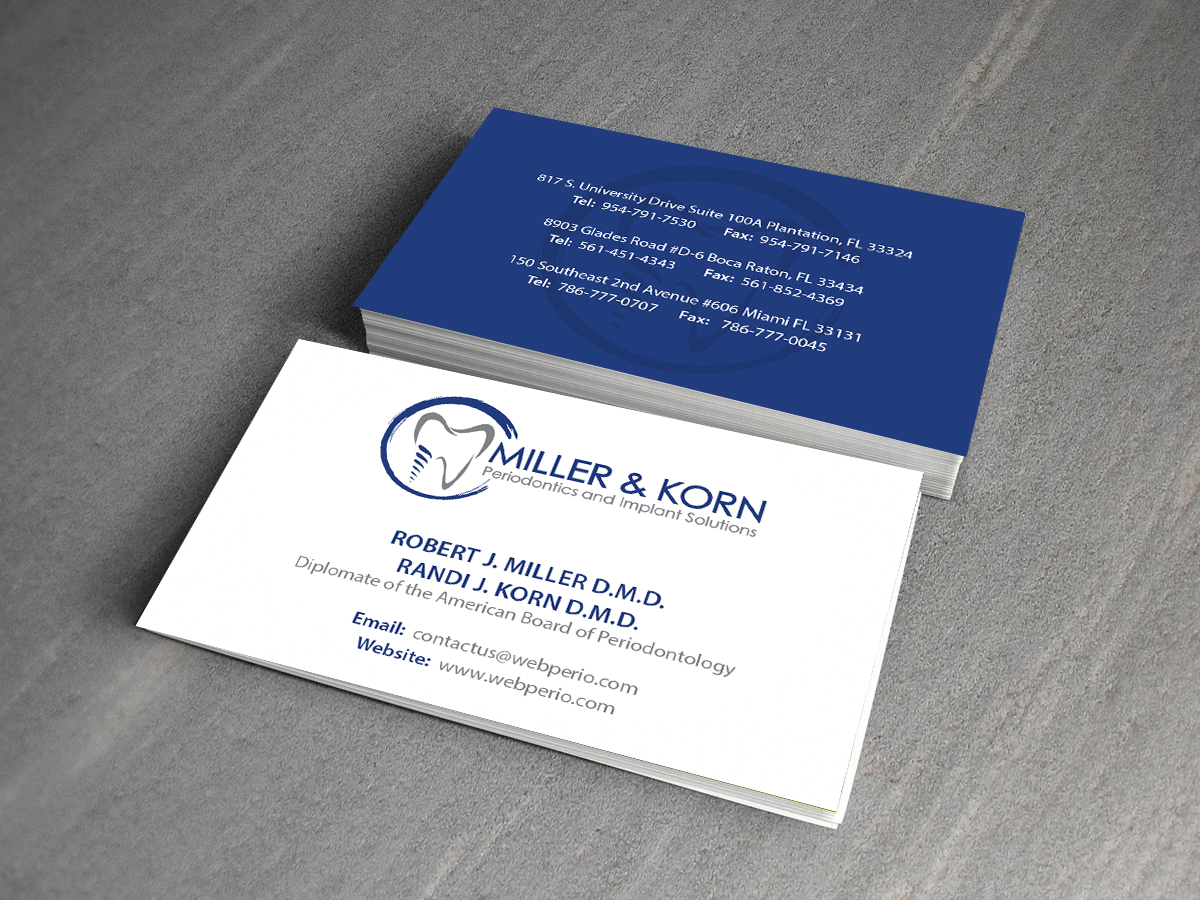 Business Card Design by Creations Box 2015 for Miller & Korn Periodontics and Implant Solutions | Design #9372281