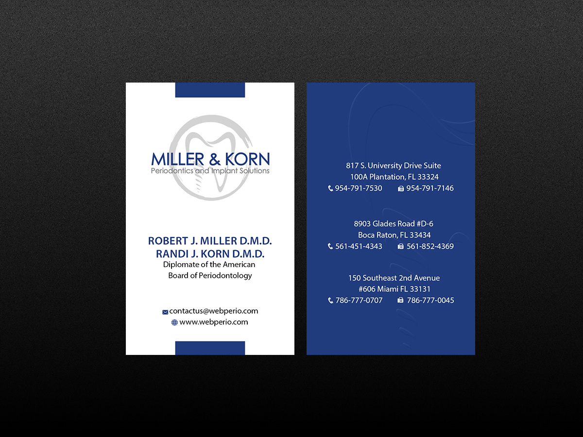Business Card Design by Creations Box 2015 for Miller & Korn Periodontics and Implant Solutions | Design #9372282
