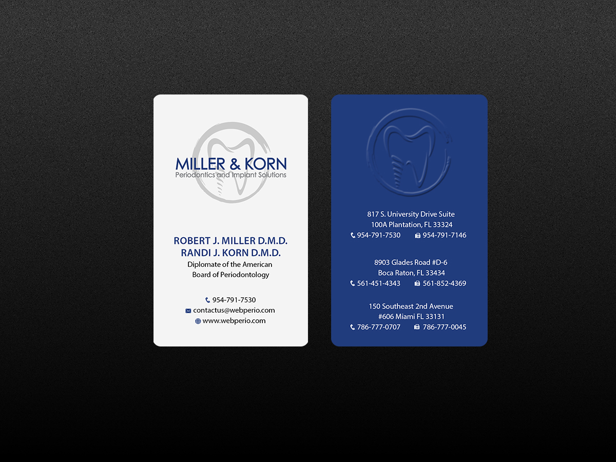 Business Card Design by Creations Box 2015 for Miller & Korn Periodontics and Implant Solutions | Design #9384240