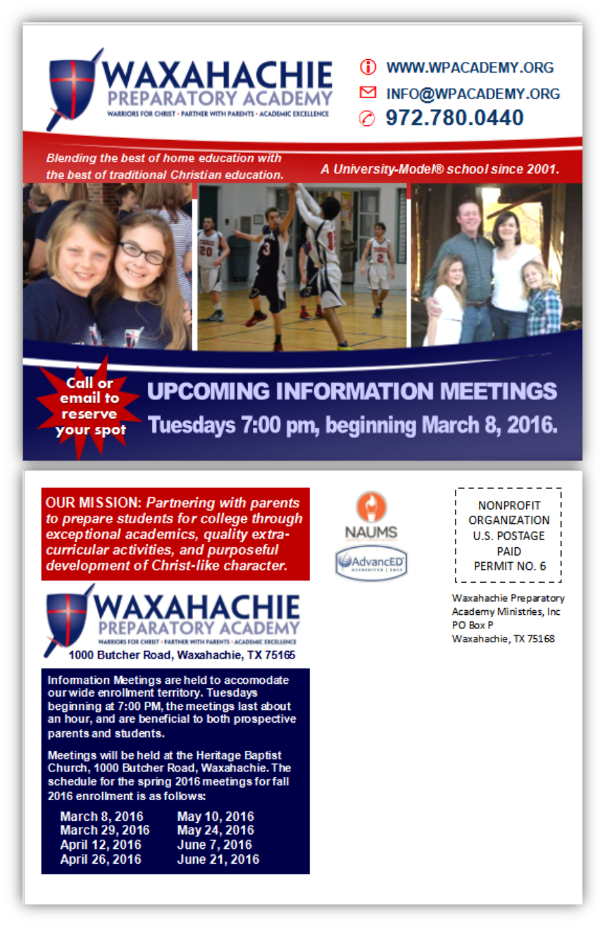 Postcard Design by citygirl17 for Waxahachie Preparatory Academy | Design #9900473