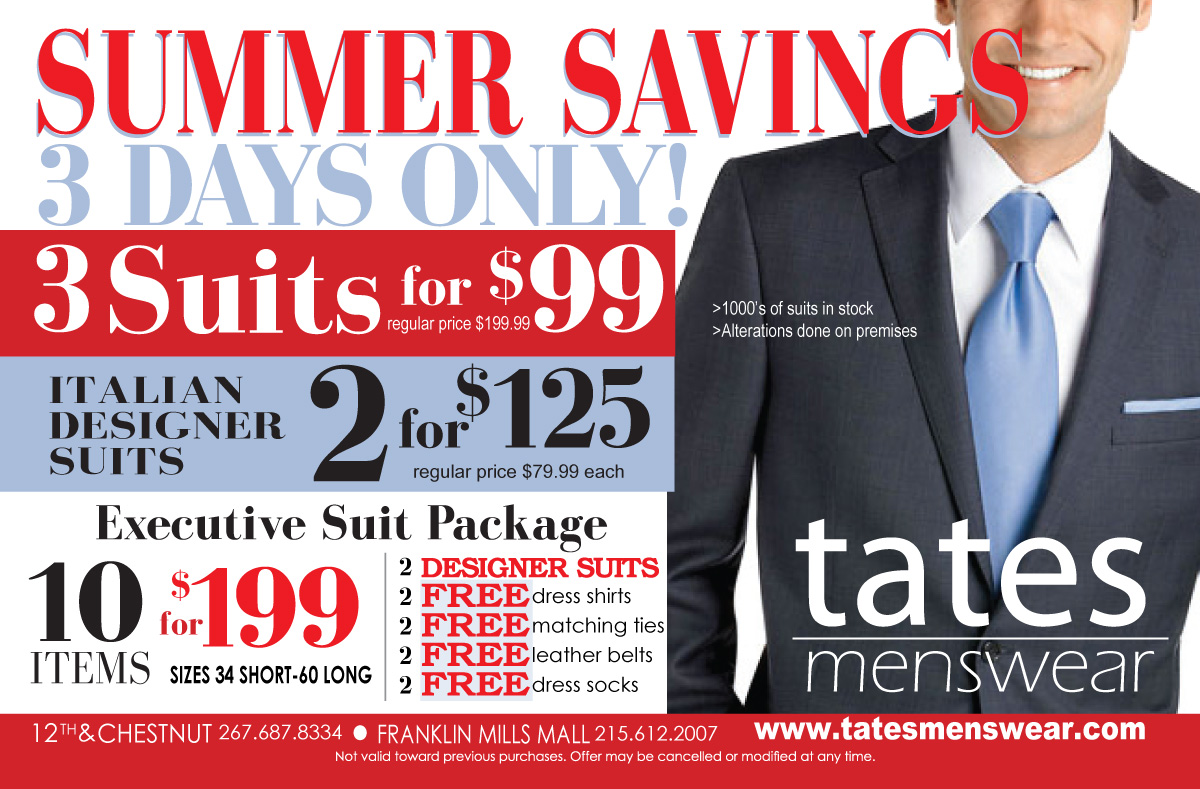 Advertisement Design by Soula Vetter for Tates Menswear | Design #2117014