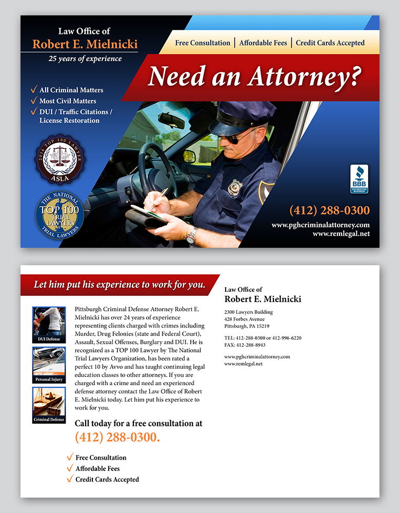 Postcard Design by Ryan for Robert E. Mielnicki, Esq. | Design #9776223