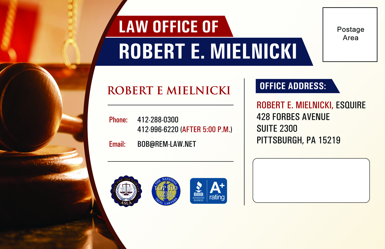 Postcard Design by Owaisias for Robert E. Mielnicki, Esq. | Design #9800100
