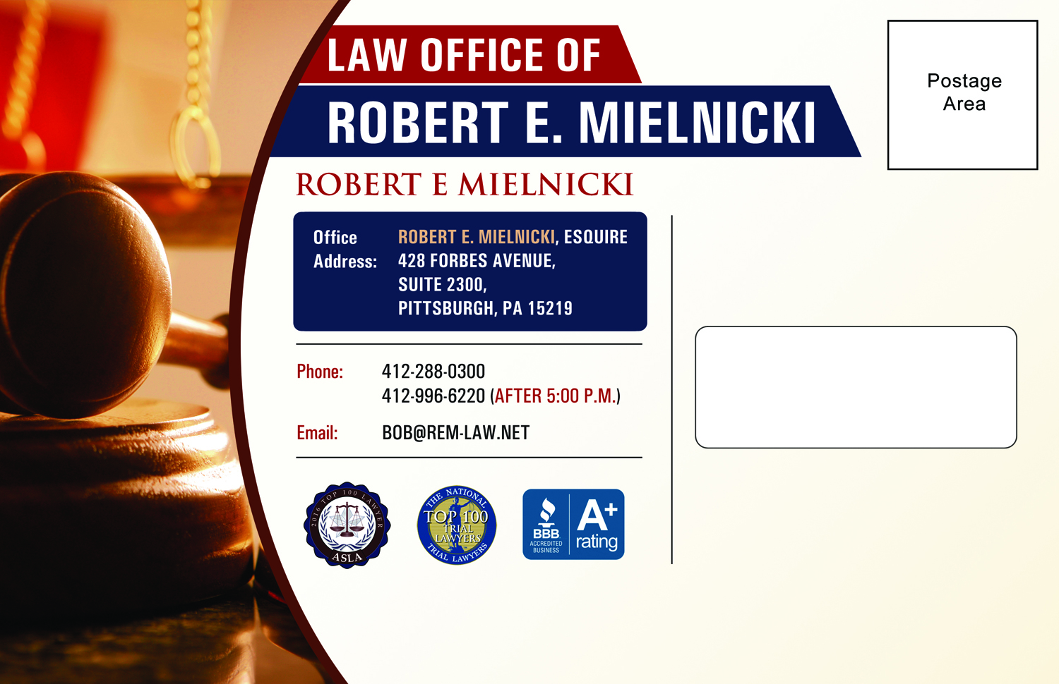 Postcard Design by Owaisias for Robert E. Mielnicki, Esq. | Design #9800127