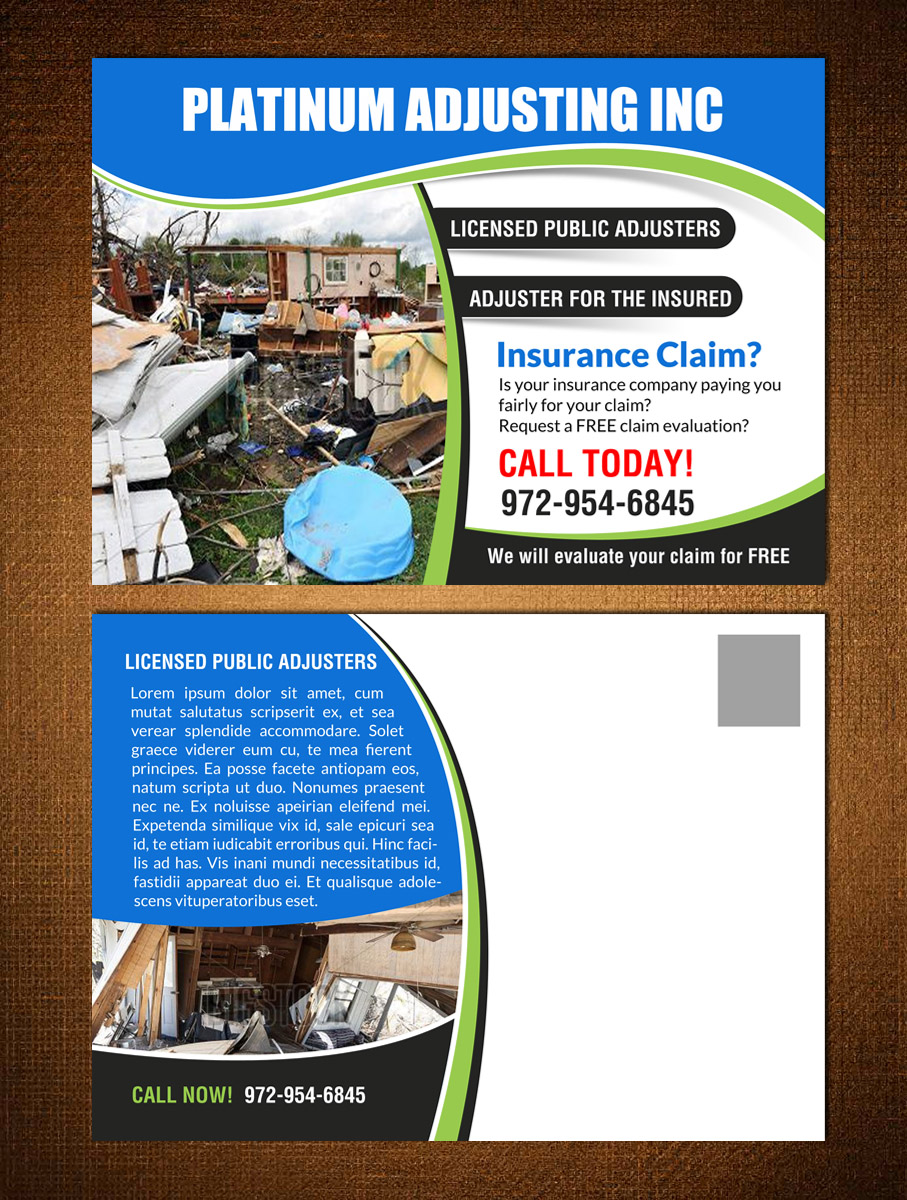 Postcard Design by creative.bugs for Platinum Adjusting Inc | Design #9793096