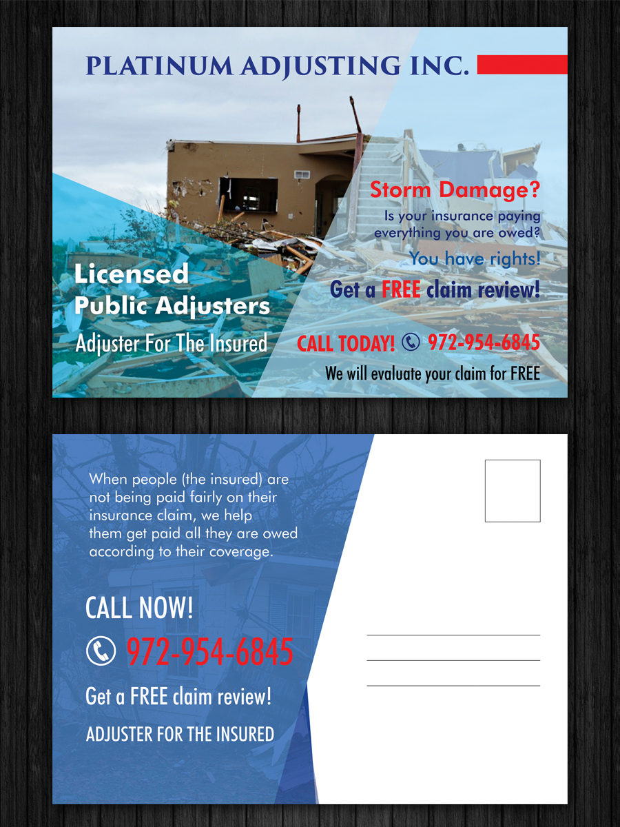 Postcard Design by ecorokerz for Platinum Adjusting Inc | Design #9779099