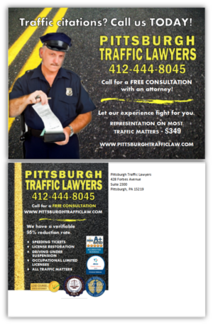 Pittsburgh Traffic Attorneys - Direct Mail Campaign Black and Gold | Postcard Design by citygirl17