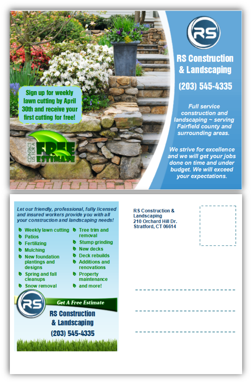 Postcard Design by citygirl17 for RS Construction & Landscaping LLC | Design: #10099218