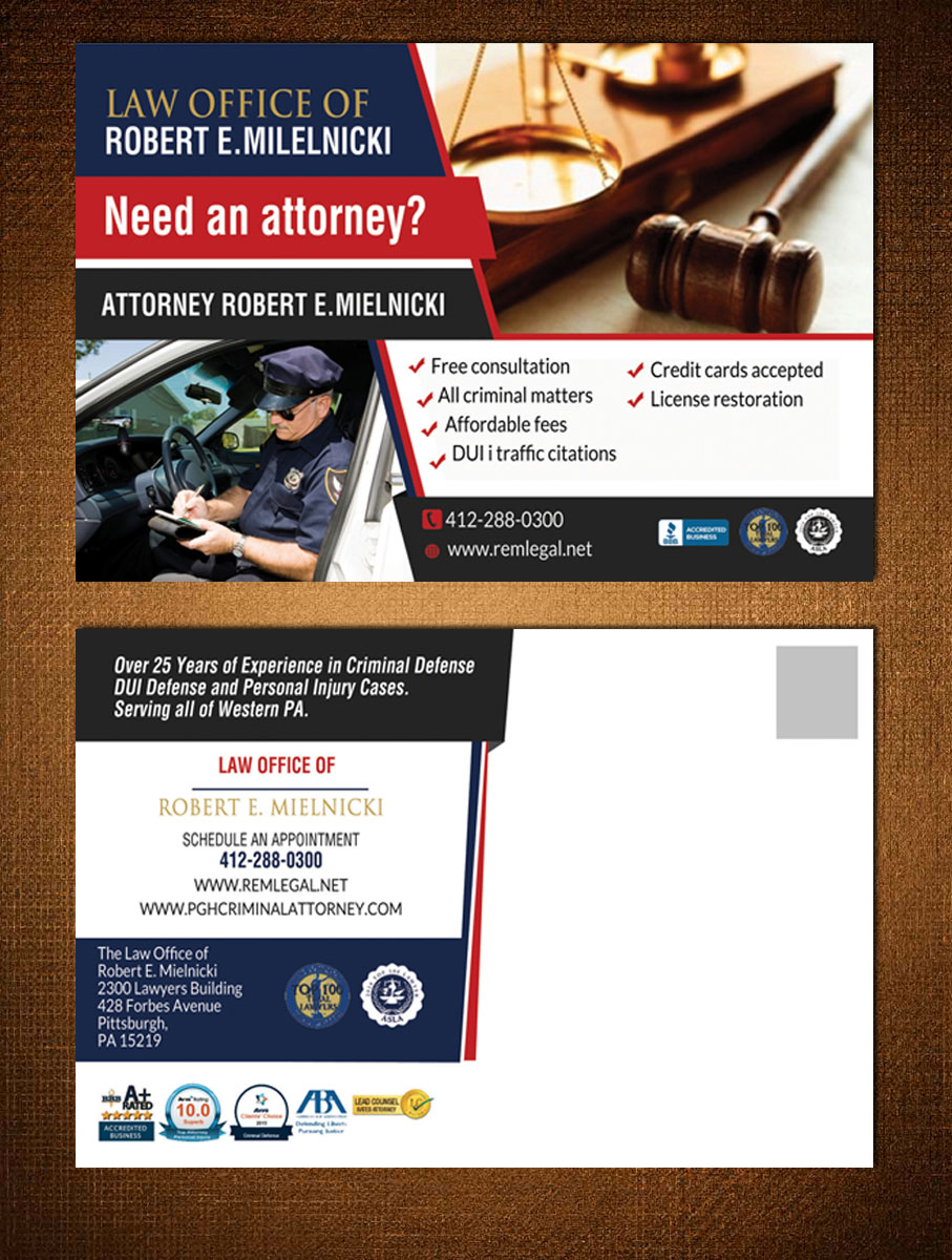 Postcard Design by creative.bugs for Robert E. Mielnicki, Esq. | Design #10195159