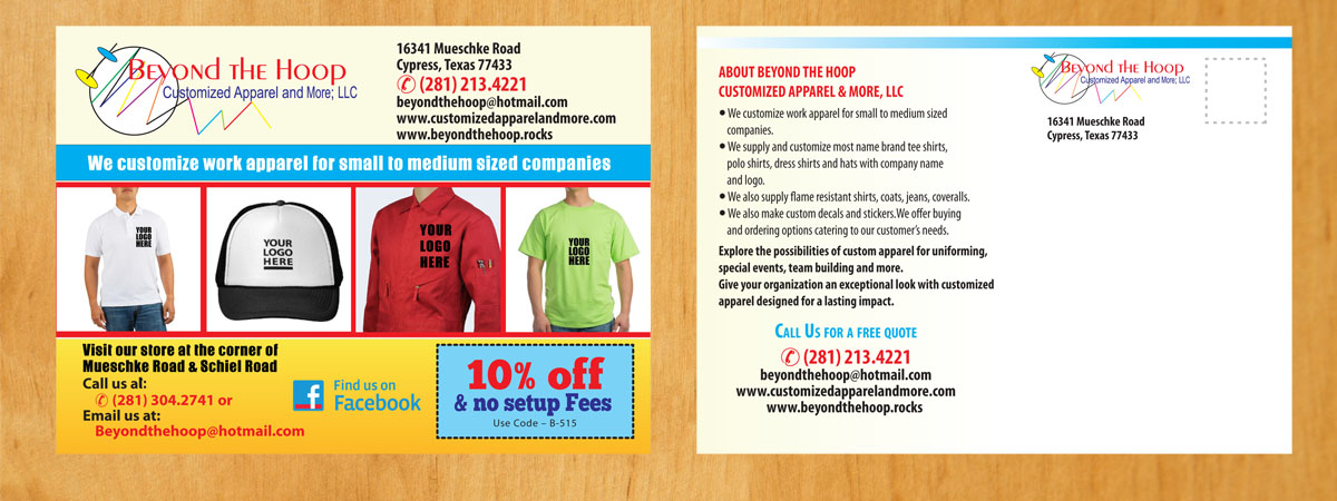 Postcard Design by Venus L. Penaflor for Beyond The Hoop Customized Apparel and More, LLC | Design #10267940