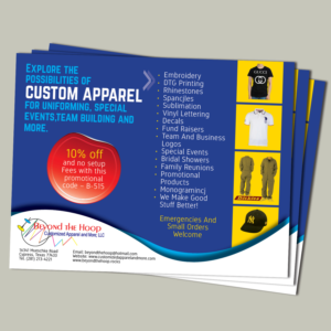 Postcard Design by Awash for Beyond The Hoop Customized Apparel and More, LLC | Design: #10260524
