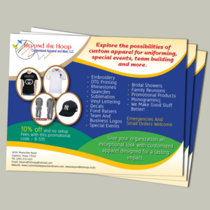 Postcard Design by Awash for Beyond The Hoop Customized Apparel and More, LLC | Design #10260525