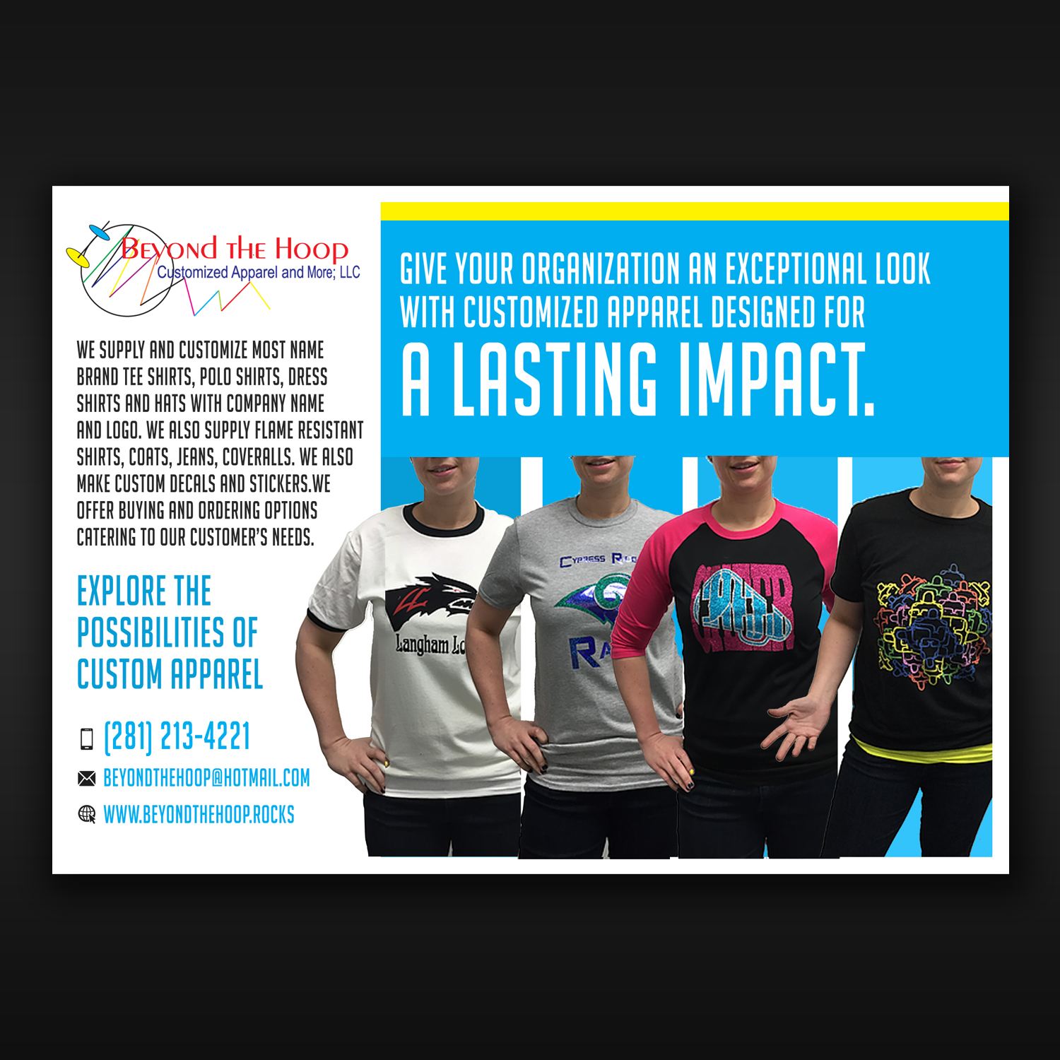 Postcard Design by Kishaloy_D for Beyond The Hoop Customized Apparel and More, LLC | Design #10264321
