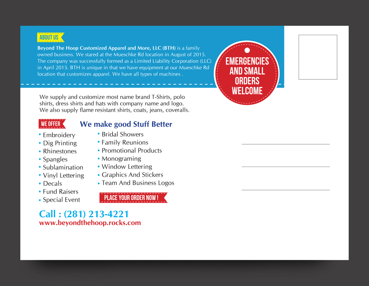 Postcard Design by rkailas for Beyond The Hoop Customized Apparel and More, LLC | Design #10263078