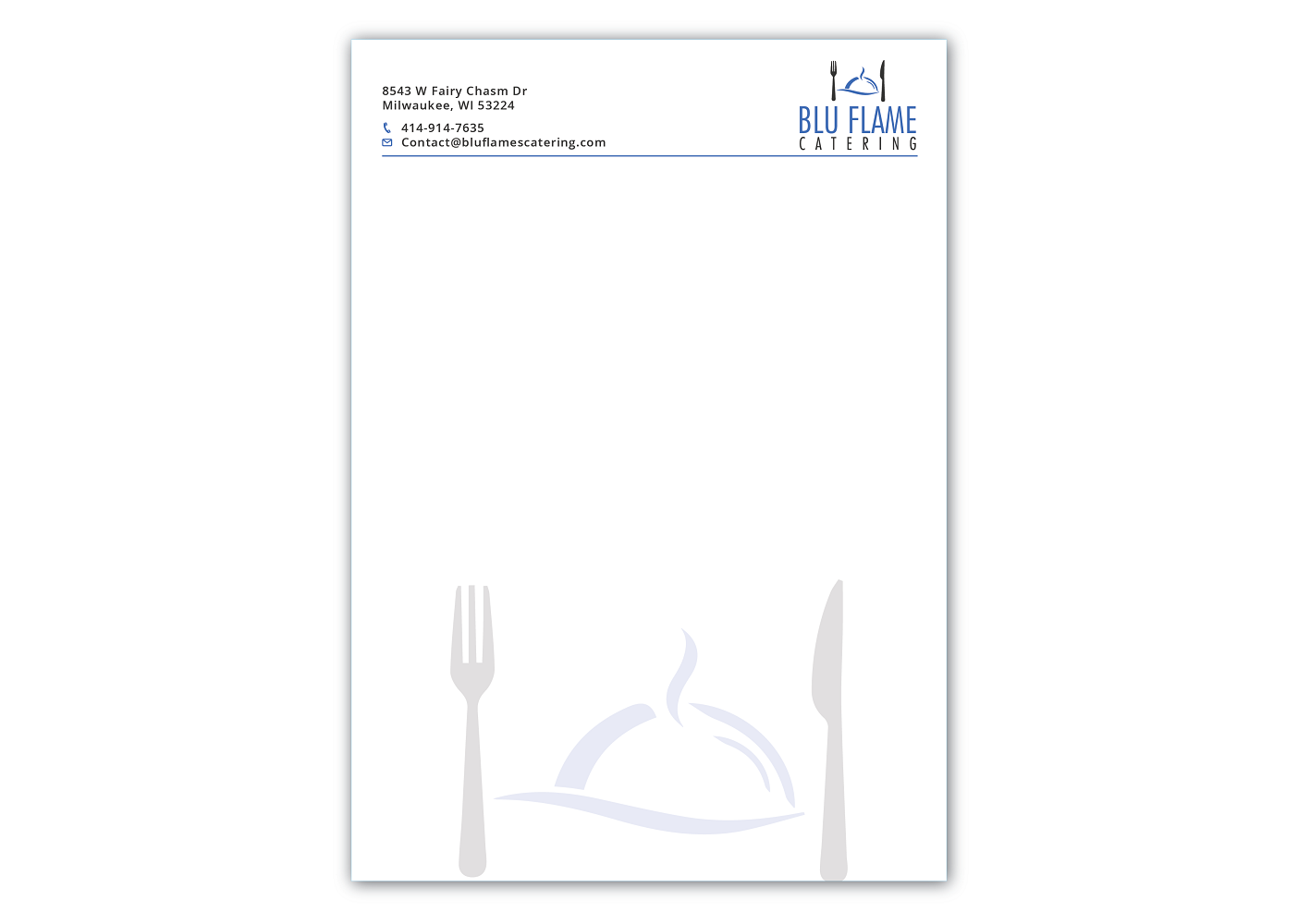 Letterhead Design by Verified artistry (Design garden) for Blu Flame Catering INC | Design #10340385