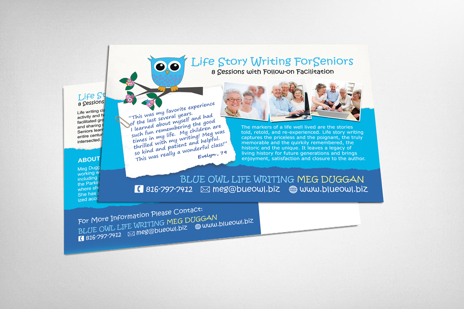 Postcard Design by NatPearlDesigns for Blue Owl Life Writing | Design #10464029