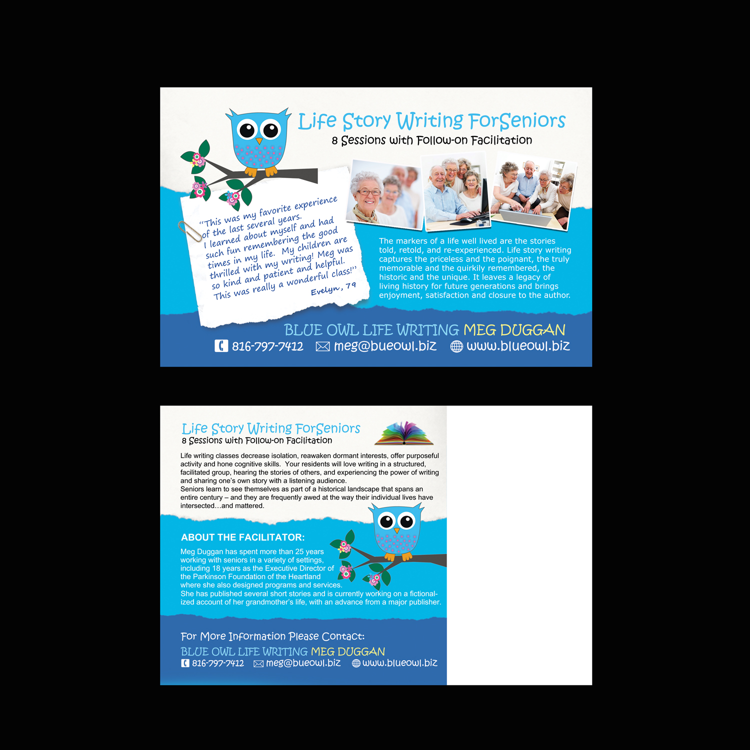 Postcard Design by NatPearlDesigns for Blue Owl Life Writing | Design #10464036