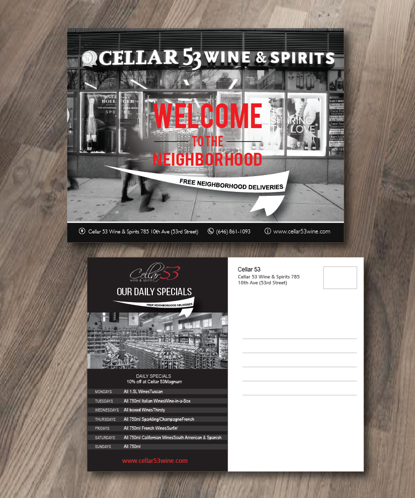 Postcard Design by alex989 for Cellar 53 Wine & Spirits | Design #10661006