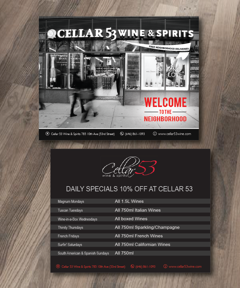 Postcard Design by alex989 for Cellar 53 Wine & Spirits | Design #10670077