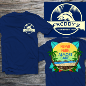 Freddy's Fish Bar & Pier (beach/bar themed logo for Caribbean restaurant) | Diseño de Camiseta por besonaeral30