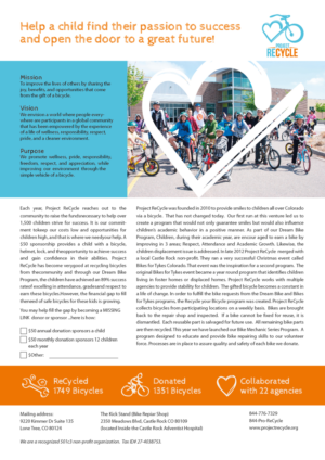 1 page Project ReCycle Investor Sheet. This is given to individuals as well as corporations  | Advertisement Design by brandit
