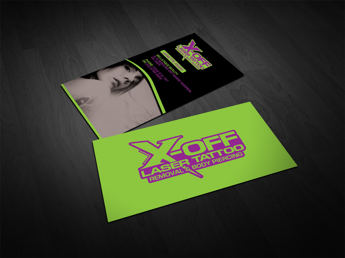 Business Card Design by diRtY.EMM for X-Off Laser Tattoo Removal & Body Piercing | Design #2270507
