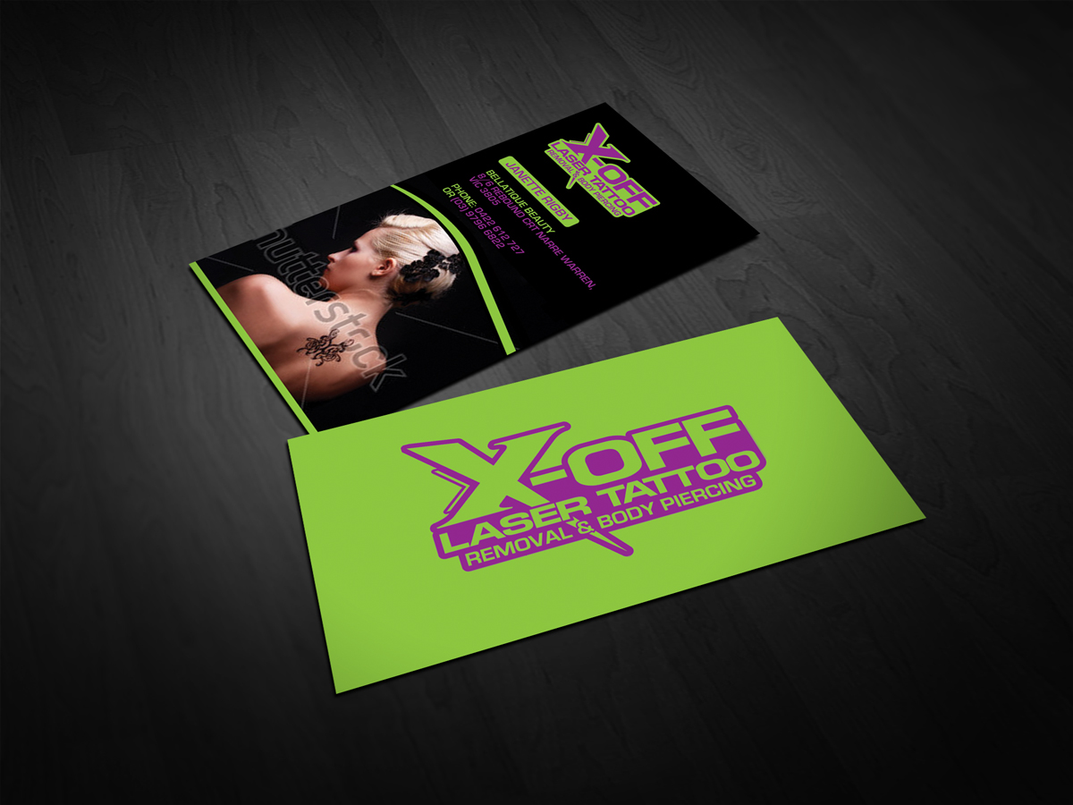Business Card Design by diRtY.EMM for X-Off Laser Tattoo Removal & Body Piercing | Design #2275733