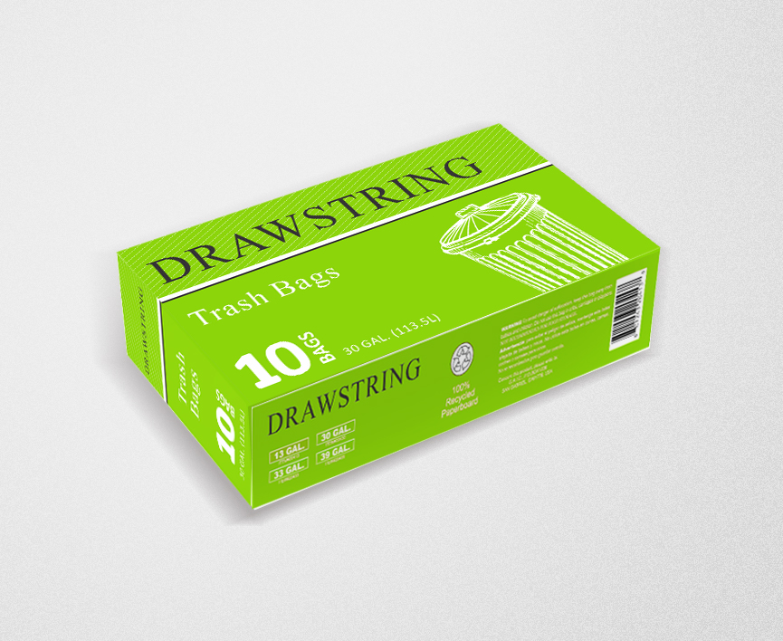 Packaging design for drawstring trash bags