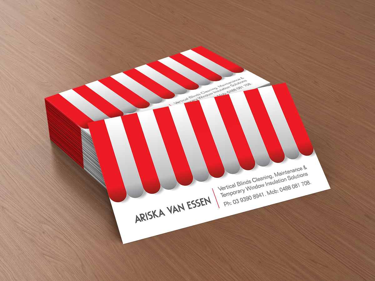 Business Card Design by Purple Studio for Ariska Van Essen. Vertical Blind Cleaning, Repairs and Temporary Insulation Solutions for Windows. | Design #2294178