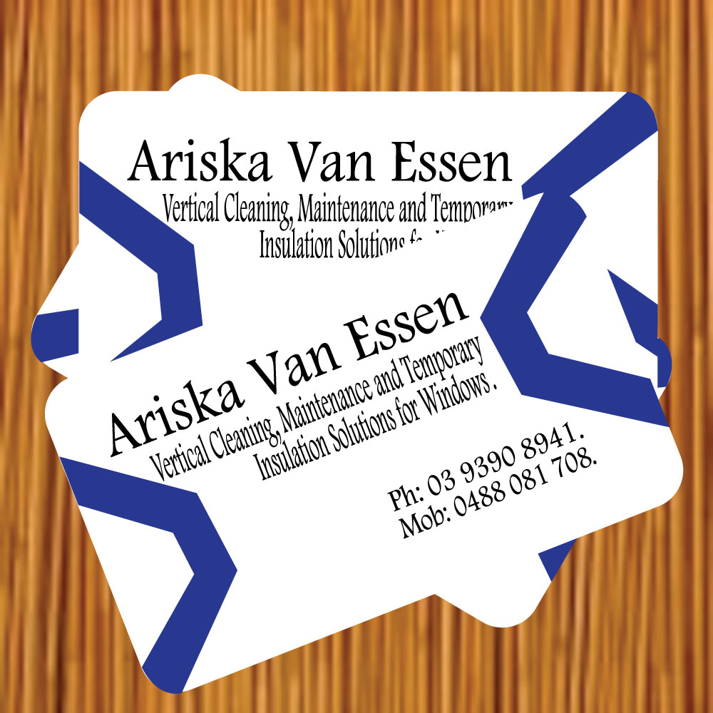 Business Card Design by arrowdesigners for Ariska Van Essen. Vertical Blind Cleaning, Repairs and Temporary Insulation Solutions for Windows. | Design #2303799