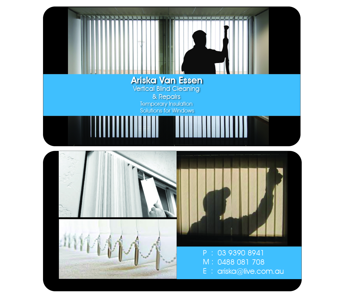 Business Card Design by Aaaron for Ariska Van Essen. Vertical Blind Cleaning, Repairs and Temporary Insulation Solutions for Windows. | Design #2345595