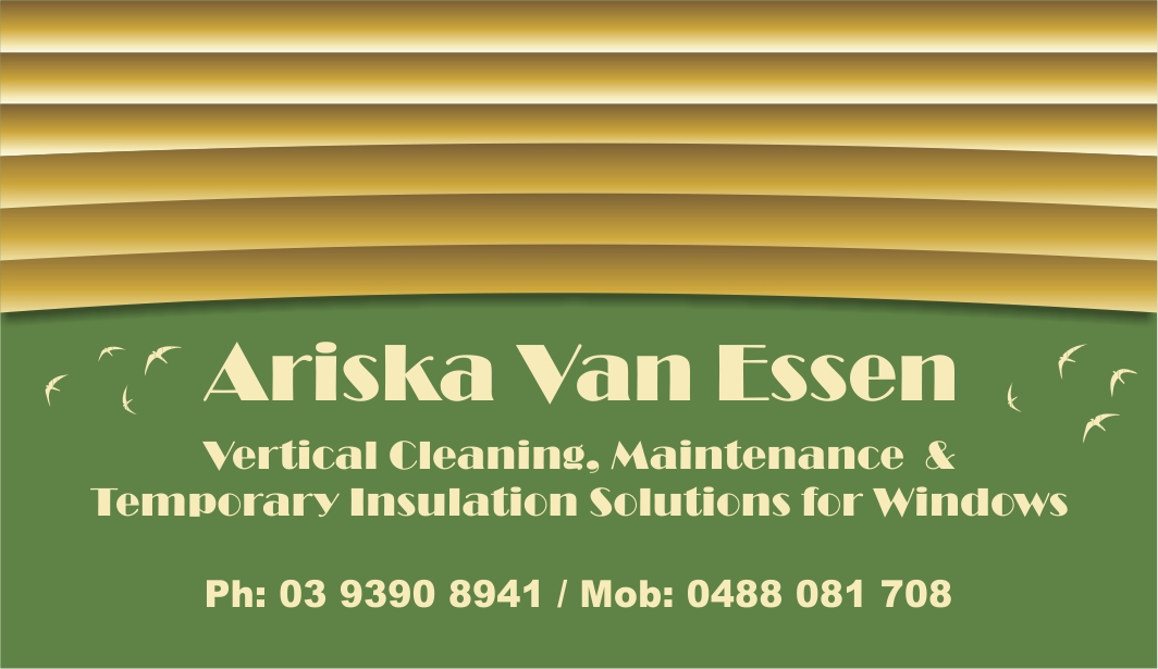 Business Card Design by LeStonez for Ariska Van Essen. Vertical Blind Cleaning, Repairs and Temporary Insulation Solutions for Windows. | Design #2307692