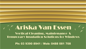 Business Card Design by LeStonez for Ariska Van Essen. Vertical Blind Cleaning, Repairs and Temporary Insulation Solutions for Windows. | Design #2307692