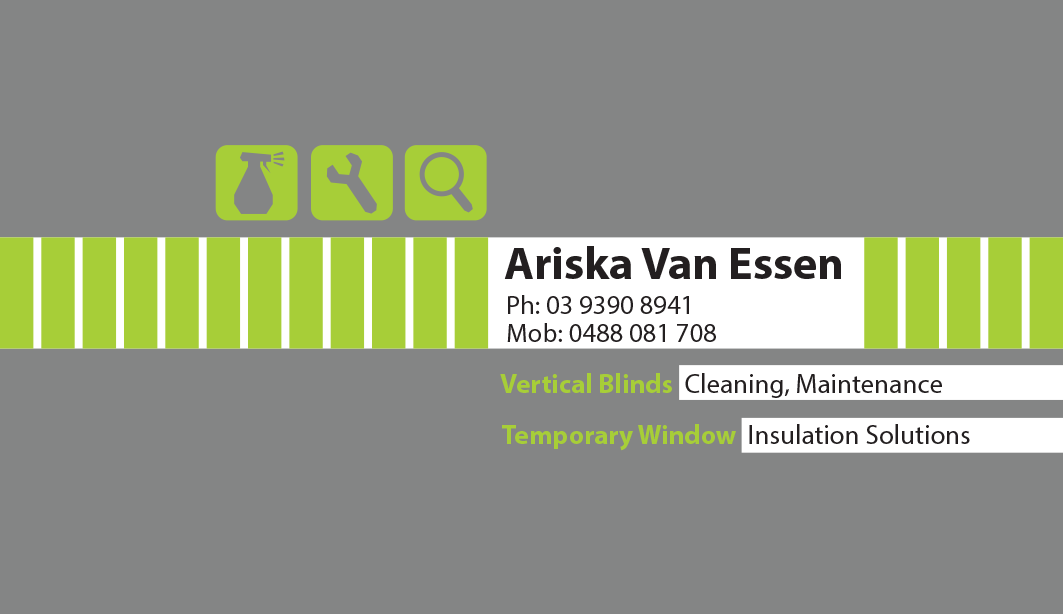 Visitenkarten-Design von ChinChin für Ariska Van Essen. Vertical Blind Cleaning, Repairs and Temporary Insulation Solutions for Windows. | Design #2292518
