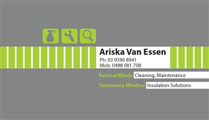 Business Card Design by ChinChin for Ariska Van Essen. Vertical Blind Cleaning, Repairs and Temporary Insulation Solutions for Windows. | Design #2292518