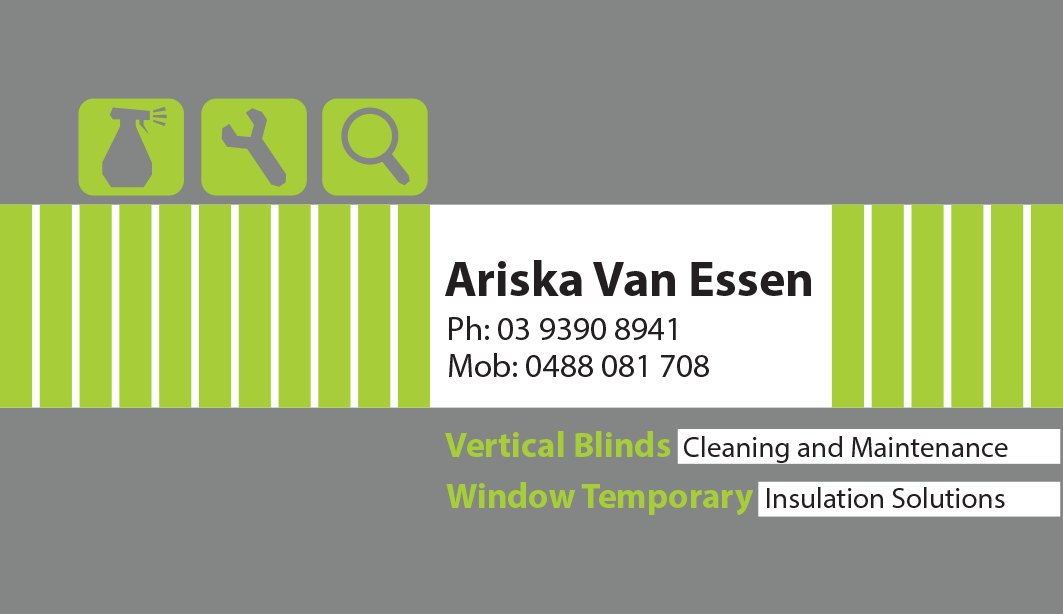 Diseño de Tarjeta de Presentación por ChinChin para Ariska Van Essen. Vertical Blind Cleaning, Repairs and Temporary Insulation Solutions for Windows. | Diseño #2297562