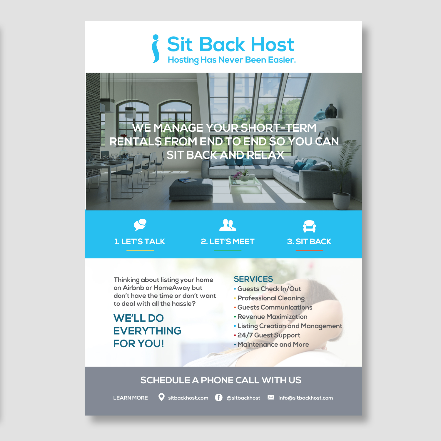 Diseño de Flyer por  maria.design para Sit Back Host | Diseño #11334562