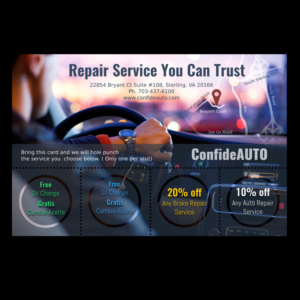 Confide Auto needs postcards to attract customers to bring their cars in for repair service.