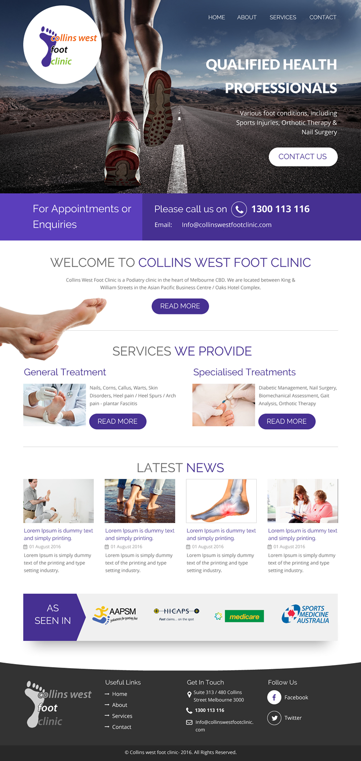 Diseño Web por rightway para Collins West Foot Clinic | Diseño #11639404